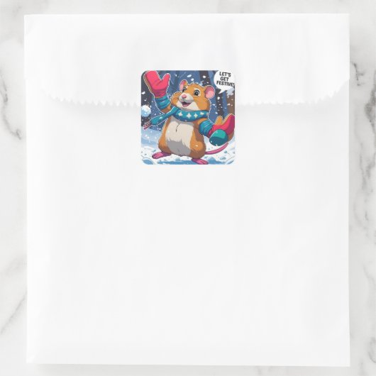 Let’s Get Festive Funny Hamster Throwing Snowball Quadratischer Aufkleber (Tasche)