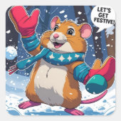 Let’s Get Festive Funny Hamster Throwing Snowball Quadratischer Aufkleber (Vorderseite)