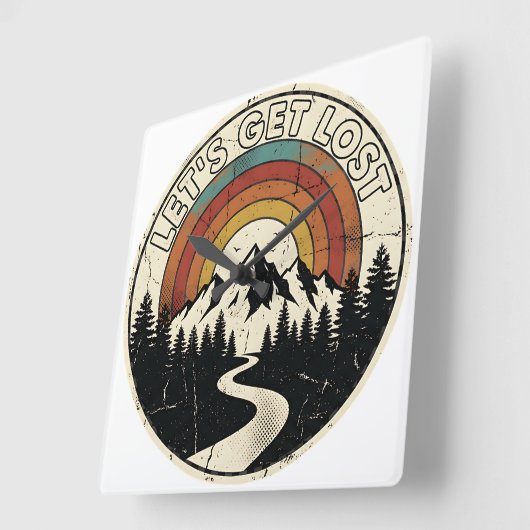 Let’s Get Lost Retro Mountain Adventure Outdoor Quadratische Wanduhr (Winkel)