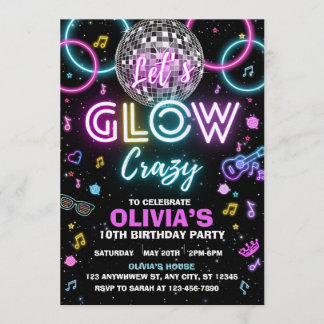 Let’s Glow Crazy disco party invite - disco ball Einladung