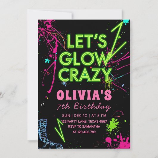 Let’s Glow Crazy Roller Skating Birthday Einladung (Vorderseite)