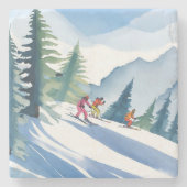 Let’s Go Skiing | Winter Watercolor Painting Steinuntersetzer (Vorderseite)
