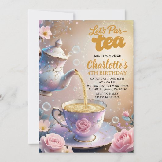 Let’s Par‑Tea Teacup & Teapot Tea Party Birthday Einladung (Vorderseite)