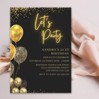 Let’s Party- elegant Birthday with Golden balloons Einladung