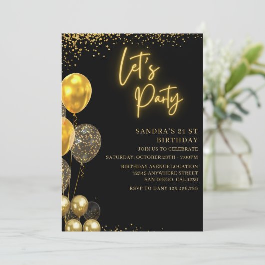 Let’s Party- elegant Birthday with Golden balloons Einladung (Stehend Vorderseite)