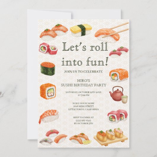 Let’s Roll into Fun! Sushi Birthday Party Invitati Einladung (Vorderseite)