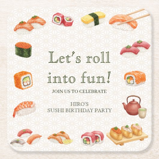 Let’s Roll into Fun! Sushi Birthday Party Invitati Rechteckiger Pappuntersetzer (Vorderseite)