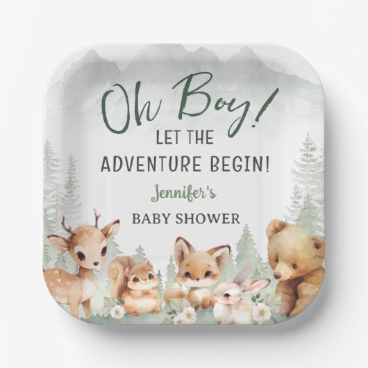 Let The Adventure Begin Boy Woodland Baby Shower Pappteller (Vorderseite)