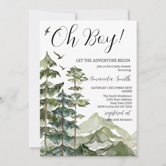 Let The Adventure Begin Mountain Boy Baby Shower Einladung (Vorderseite)