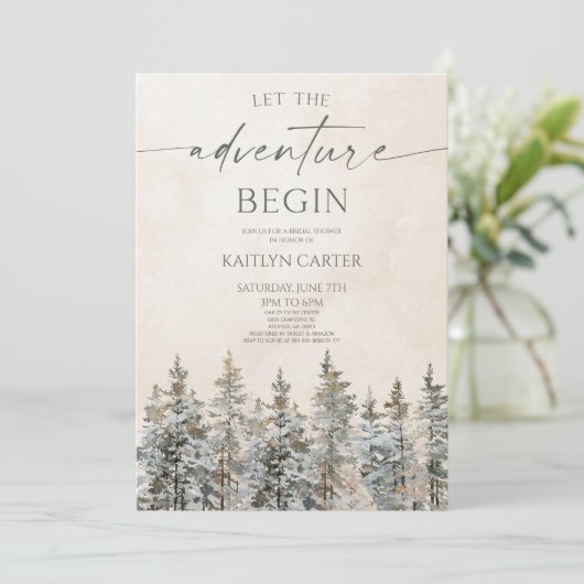 Let The Adventure Begin Pine Tree Bridal Shower Einladung (Stehend Vorderseite)