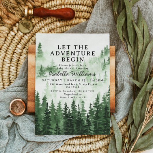 Let The Adventure Begin Rustic Forest Baby Shower Einladung