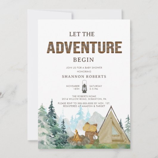 Let the Adventure Begin Rustic Wood Baby Shower Einladung (Vorderseite)