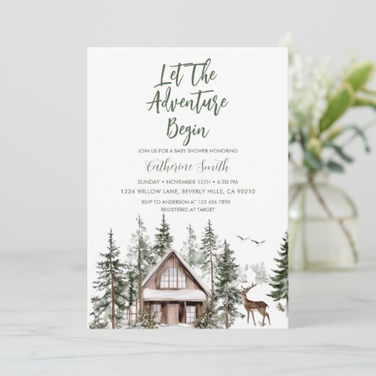 Let The Adventure Begin Winter Baby Shower Einladung (Stehend Vorderseite)