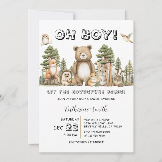 Let the Adventure Begin Woodland Baby Shower Einladung (Vorderseite)