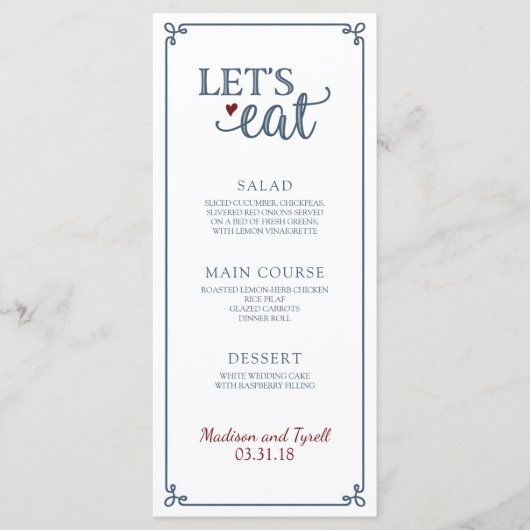 "Let's Eat" - Dusty Blue & Dark Red Wedding Menu Menükarte (Vorderseite)
