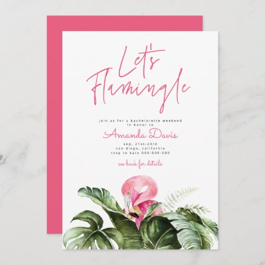 Let's Flamingle Bachelorette Weekend Tour Einladung (Vorne/Hinten)