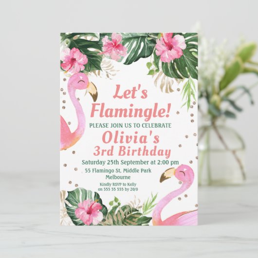 Let's Flamingle Flamingo Birthday Einladung (Stehend Vorderseite)