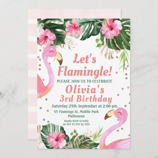 Let's Flamingle Flamingo Birthday Einladung (Vorne/Hinten)