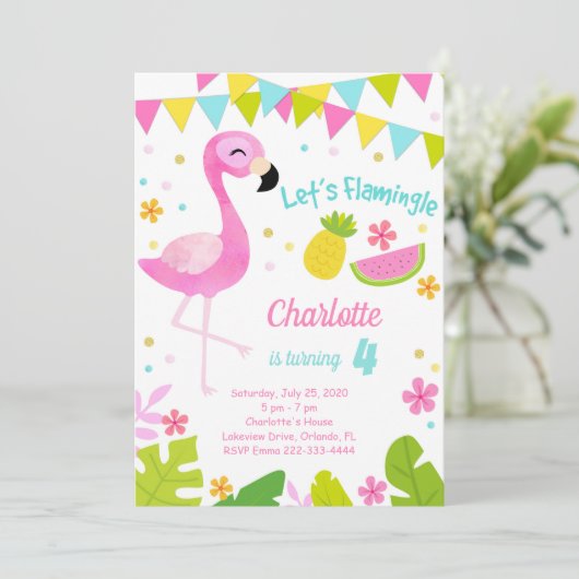 Let's Flamingle Flamingo Birthday Einladung (Stehend Vorderseite)