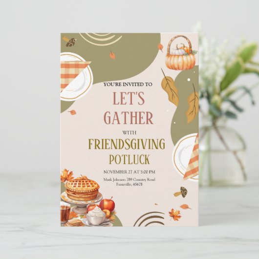 Let's Gather Friendsgiving Potluck Thanksgiving Einladung (Stehend Vorderseite)