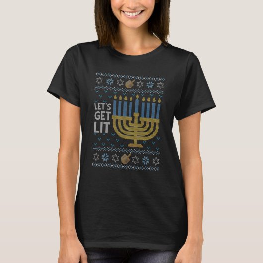Lets Get Lit Menorah Hanukkah Ugly Sweater T-Shirt (Vorderseite)