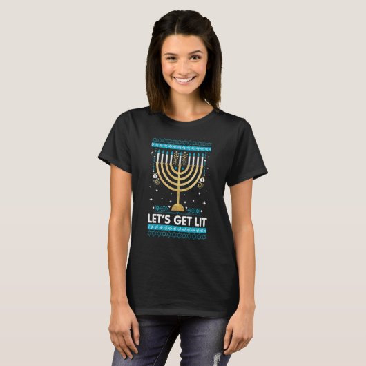 Let's Get Lit Menorah Jewish  Ugly Hanukkah Chanuk T-Shirt (Vorne ganz)