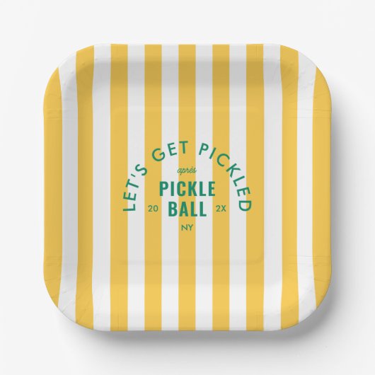 Let's Get Pickled Après Pickle Ball Yellow Stripe Pappteller (Vorderseite)