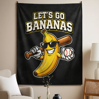 Lets Go Bananas Retro Baseball Banana Funny Wandteppich