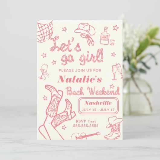 Let's Go Girl Nashville Bachelorette Itinerary Einladung (Stehend Vorderseite)