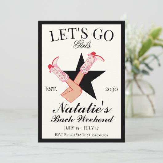 Let's Go Girls Cowgirl Bachelorette Tour und Einladung (Stehend Vorderseite)