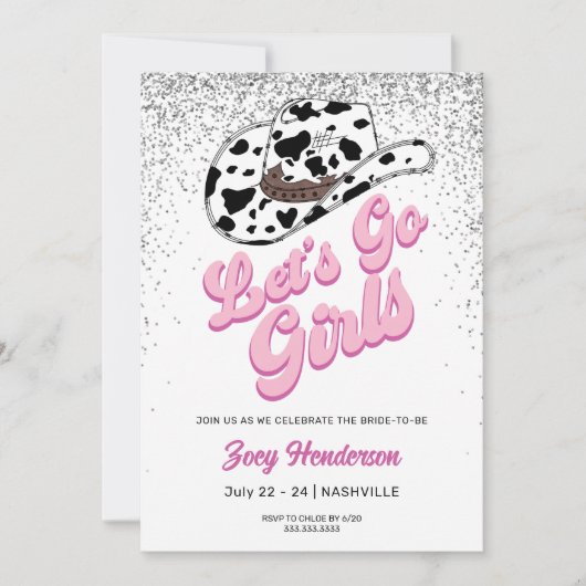 Let's Go Girls Glitzer Weekend Junggeselinnen-Absc Einladung (Vorderseite)