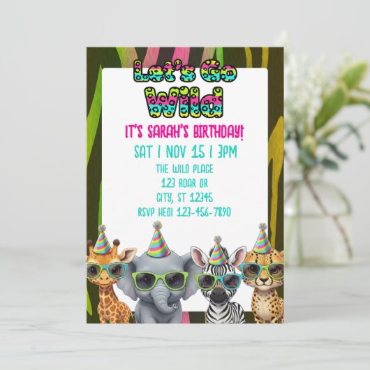Let's Go Wild, party animal with shades birthday Einladung (Stehend Vorderseite)