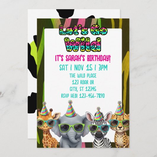 Let's Go Wild, party animal with shades birthday Einladung (Vorne/Hinten)