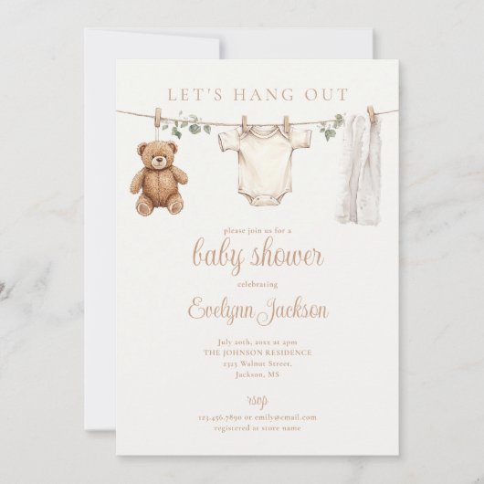 Lets Hang Out Clothesline Neutral Baby Shower Einladung (Vorderseite)