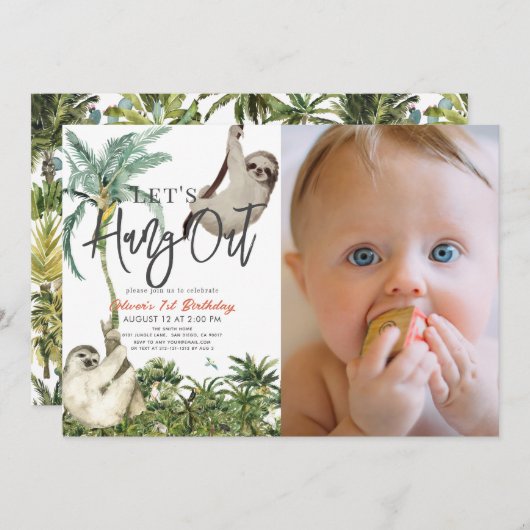 Let's Hang Out Sloth Jungle 1st Birthday Photo Einladung (Vorne/Hinten)