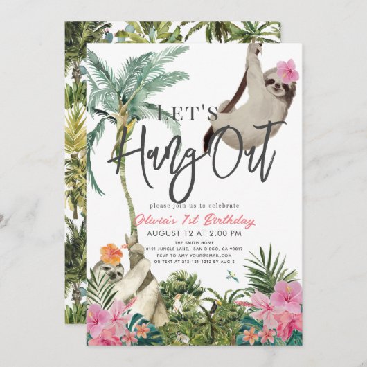 Let's Hang Out Sloth Jungle Girl 1st Birthday Einladung (Vorne/Hinten)