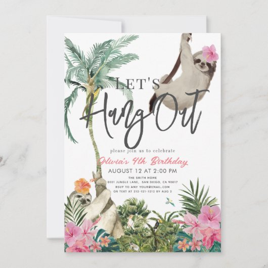 Let's Hang Out Sloth Jungle Girl Birthday Einladung (Vorderseite)