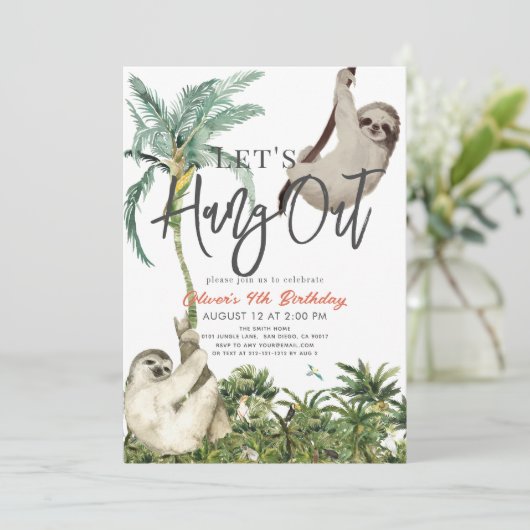 Let's Hang Out Sloth Jungle Kids Birthday Einladung (Stehend Vorderseite)