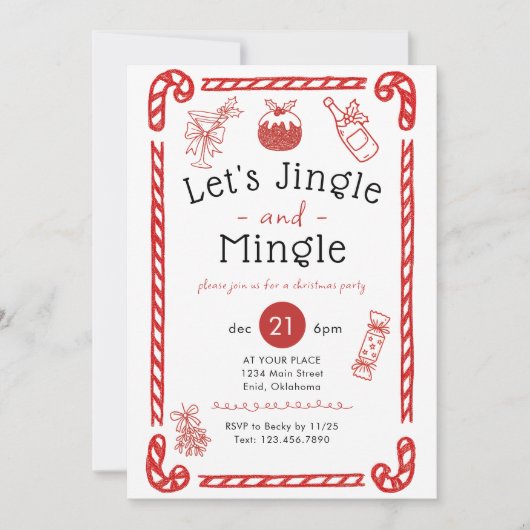 Let's Jingle and Mingle Red Doodle Holiday Party Einladung (Vorderseite)