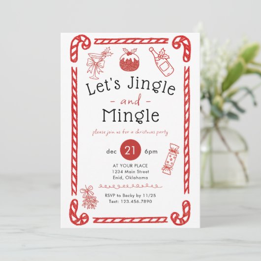 Let's Jingle and Mingle Red Doodle Holiday Party Einladung (Stehend Vorderseite)