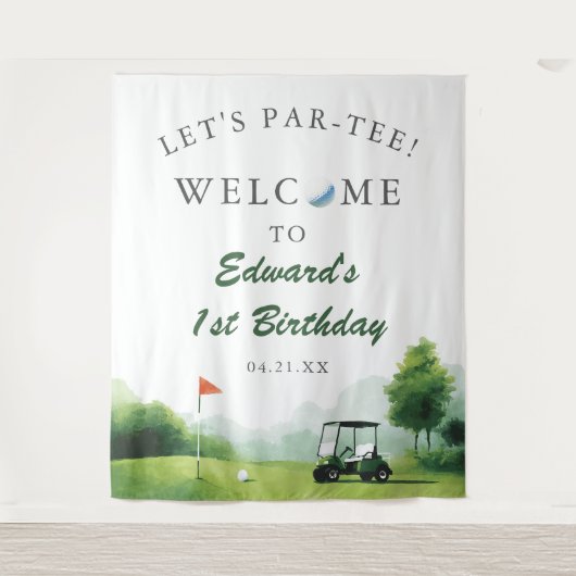 Let's Par-Tee Golf Buggy Birthday Photo Backdrop Wandteppich (Vorderseite)
