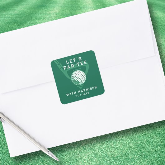 Let's Par-tee Golf Theme Birthday Green Quadratischer Aufkleber