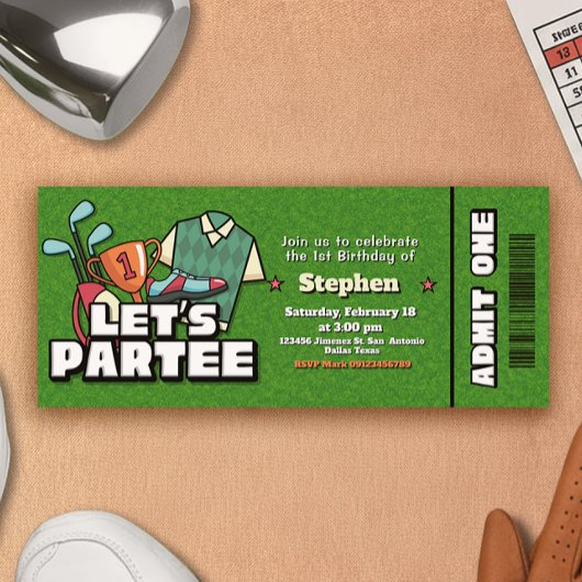 Lets Partee - Golf Birthday Ticket Invitation Einladung