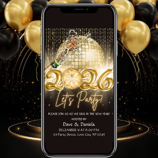 Lets Party Black Gold New Year Eve 2026 Invitation Einladung