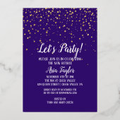 Let's Party Gold Confetti|Lila Rückgabe Gold Folieneinladung (Vorderseite)