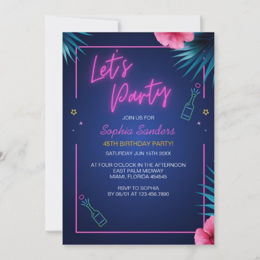 Let's Party Neon Electric Pink Birthday  Einladung (Vorderseite)