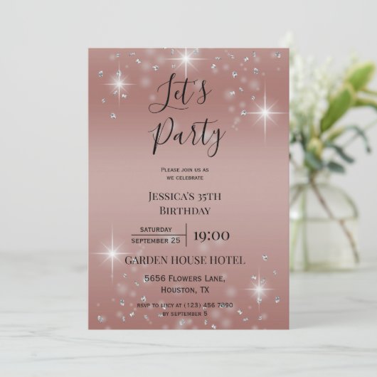 Let's Party Rose Gold Glitzer & Glitzern Geburtsta Einladung (Stehend Vorderseite)