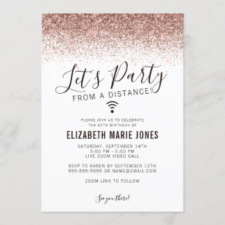 Let's Party Rose Gold Glitzer Virtual Geburtstag Einladung