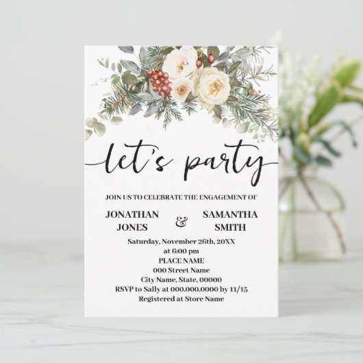 Let's Party Winter White Flowers Engagement Einladung (Stehend Vorderseite)