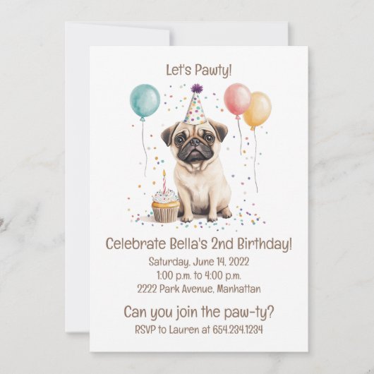 Let's Pawty Birthday Pug Dogs Cupcake Einladung (Vorderseite)